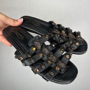 Ioannis Black Leather Gladiator Sandals Studded‎ Wood Beads Slide-on Flats